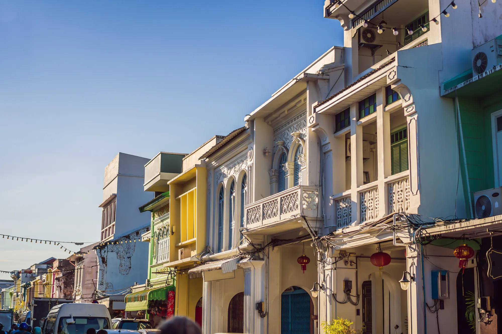 A street of restored Sino-Portuguese shophouses in Phuket Old Town