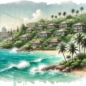 Artistic drawing of Phuket showing villas, condos, and beach scenery—perfect for visualizing Phuket property management.