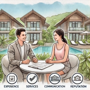 Illustration of a couple meeting with a property manager in Phuket, discussing a checklist labeled experience, services, communication, and reputation, with villas and condos in the background.