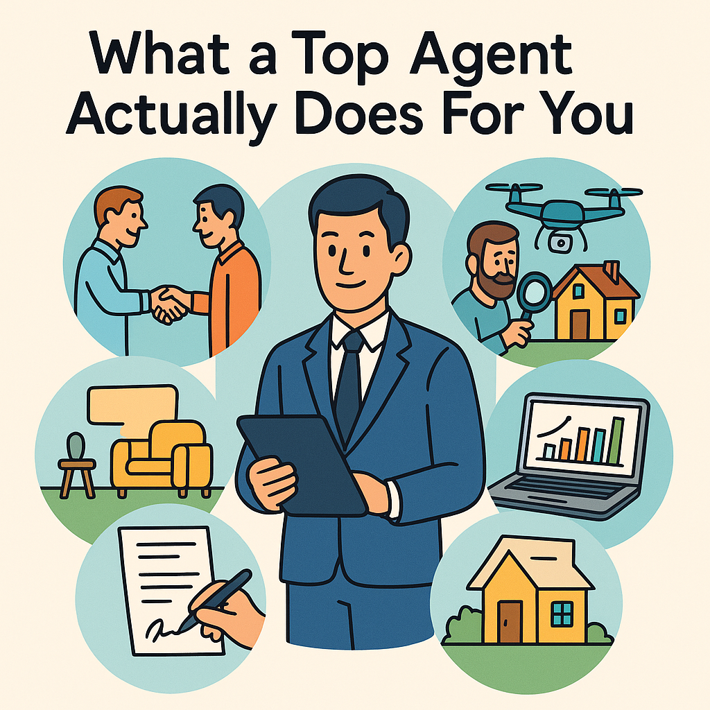 Infographic drawing of a suited real-estate agent holding a tablet, encircled by six icons depicting negotiation, home inspection, drone photography, data analysis, home staging, and contract signing.